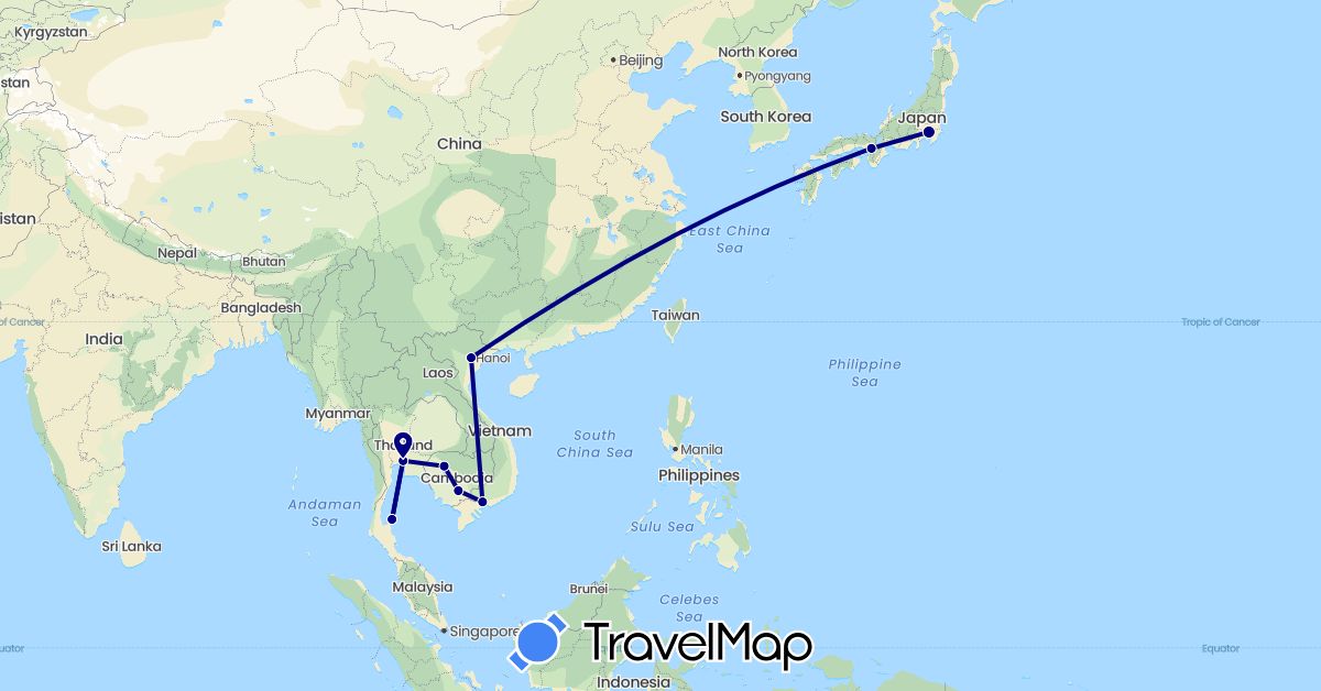 TravelMap itinerary: driving in Japan, Cambodia, Thailand, Vietnam (Asia)